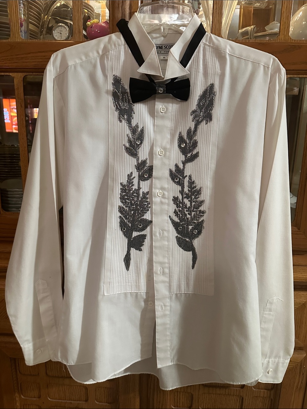 White Dress Tuxedo Shirt with Black Embroidered Placket and Black Bow Tie